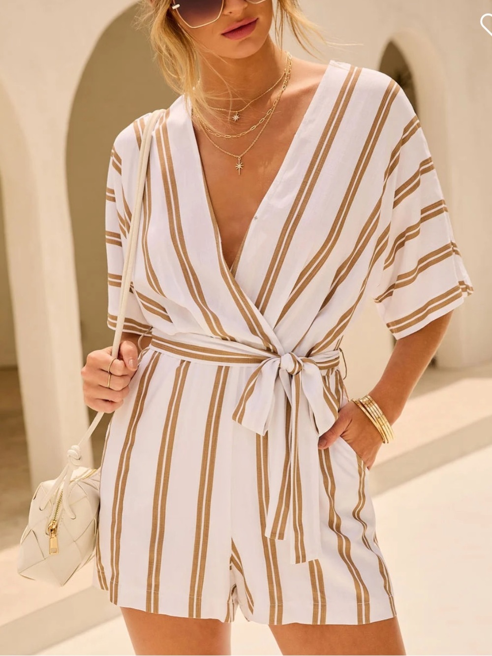 Striped White & Tan Wrap Romper with Tie Waist